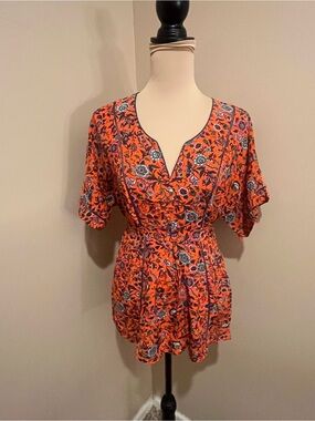 Anthropologie Maeve Coral Floral Blouse Ladder Lace, Waist Tie Back, XS
